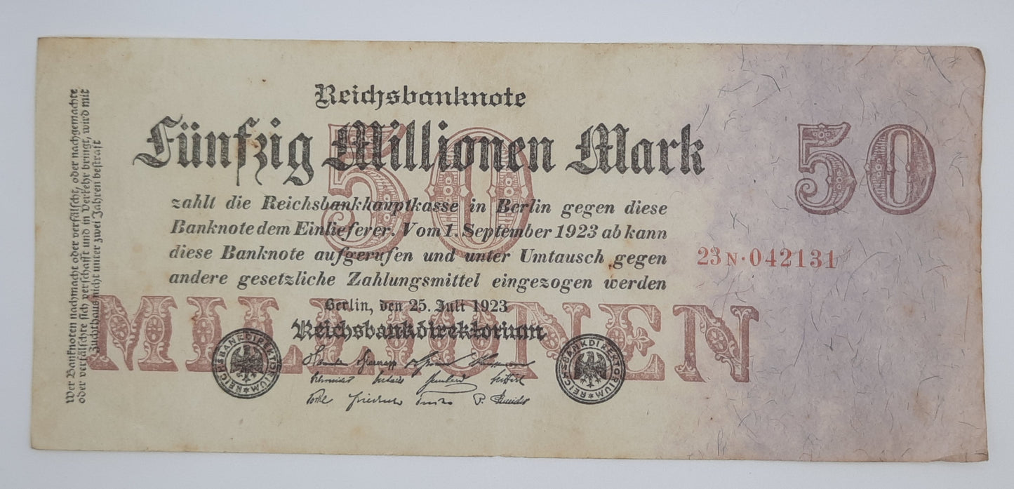 1923 Germany Weimarer Republic - 50000000 German Mark Banknote P-97b Serial No. 23N 042131