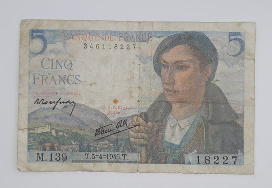 1945 Banque De France - 5 (Five) French Francs Banknote P-98a Serial No. M139 18227 P-98a