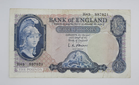 1961 Bank of ENGLAND, UK - £5 (Five) British Pounds Banknote Serial No. H49 897821 P-372a