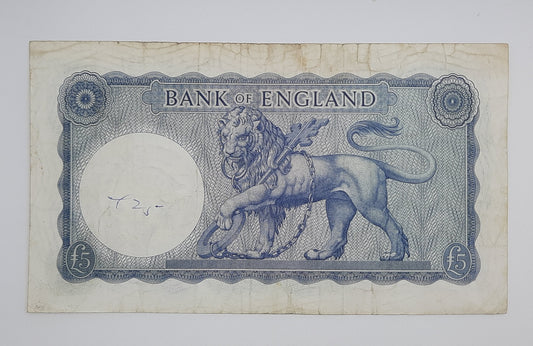 1961 Bank of ENGLAND, UK - £5 (Five) British Pounds Banknote Serial No. H49 897821 P-372a