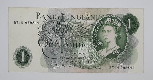 1960 Bank of ENGLAND, UK - £1 (One) British Pound Banknote Serial No. B71N 099844 P-374b