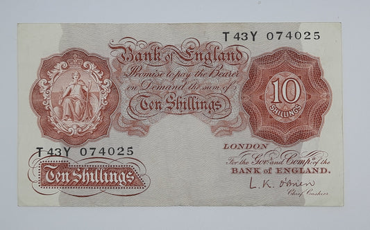 1955 Bank of ENGLAND, UK - 10 /- (Ten) British Shillings Banknote Serial No. T43Y 074025 B-271