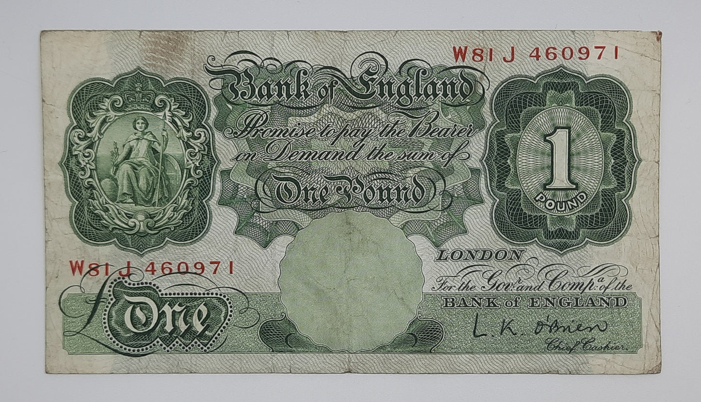1955 Bank of ENGLAND, UK - £1 (One) British Pound Banknote Serial No. W81J 460971 B369b