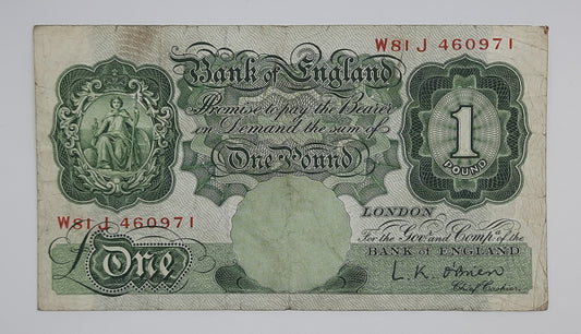 1955 Bank of ENGLAND, UK - £1 (One) British Pound Banknote Serial No. W81J 460971 B369b
