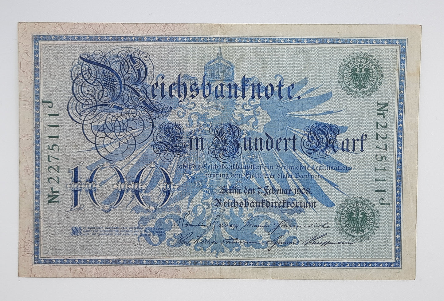 1908 Germany, German 2nd Empire 100 German Mark Banknote P-34a Serial No. J 2275111