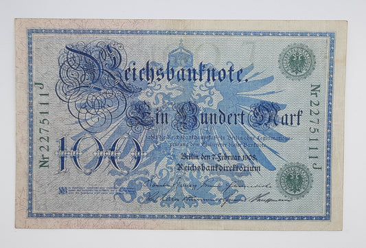 1908 Germany, German 2nd Empire 100 German Mark Banknote P-34a Serial No. J 2275111