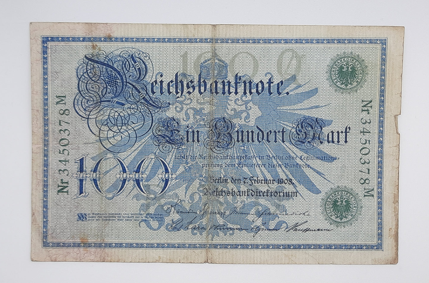 1908 Germany, German 2nd Empire 100 German Mark Banknote P-34a Serial No. M 3450378