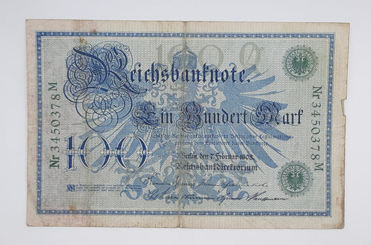 1908 Germany, German 2nd Empire 100 German Mark Banknote P-34a Serial No. M 3450378