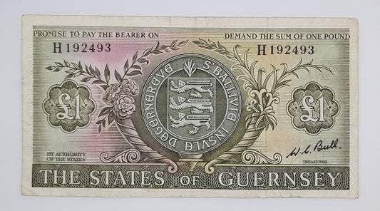 1969 States of Guernsey, Channel Islands - 1 (One) Guernsey Pound Banknote Serial No. H 192493 P-45c