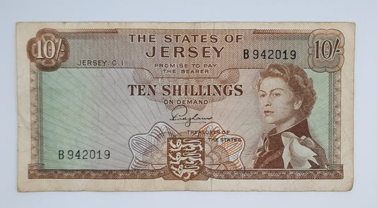 1963 States of Jersey, Channel Islands - 10 (Ten) Jersey Shillings Banknote Serial No. B 942019 P-7a