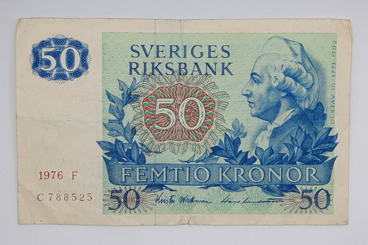 1976 Sweden, Sveriges Riksbank - 50 Swedish Kronor SEK Banknote Serial No. C 788525 P-53b.2