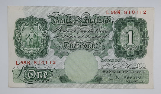 1955 Bank of ENGLAND, UK - £1 (One) British Pound Banknote Serial No. L98K 810112 B369b
