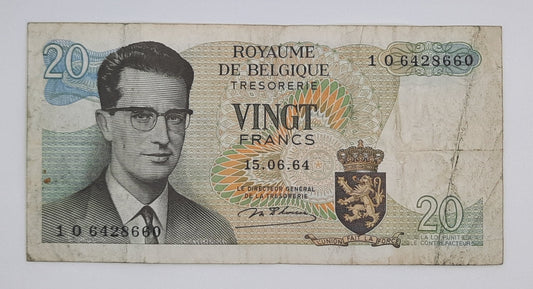 1964 Belgium, Banque Nationale Belgique - 20 Belgian Francs Banknote Serial No. 1O 6428660 P-138