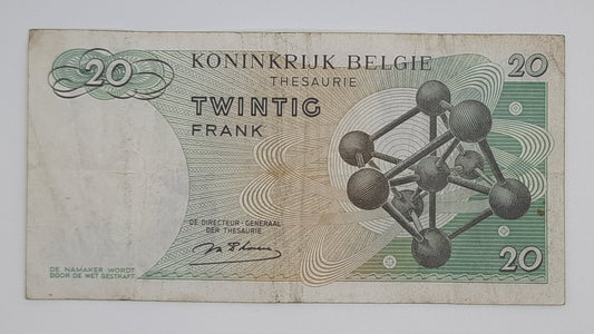 1964 Belgium, Banque Nationale Belgique - 20 Belgian Francs Banknote Serial No. 1O 6428660 P-138