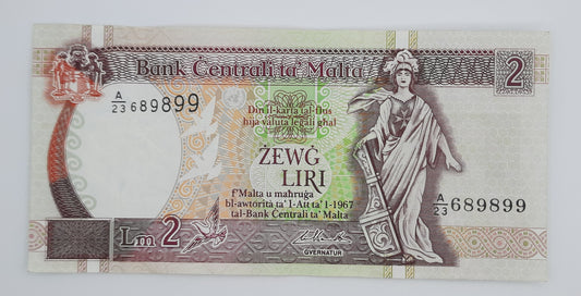 1994 Bank Centrali ta' Malta - 2 Maltese Pounds / Lira Banknote P-45d Serial No. A23 689899