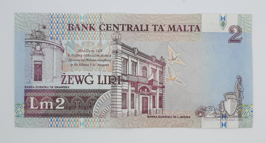 1994 Bank Centrali ta' Malta - 2 Maltese Pounds / Lira Banknote P-45d Serial No. A23 689899