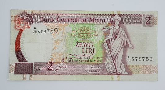 1994 Bank Centrali ta' Malta - 2 Maltese Pounds / Lira Banknote P-45d Serial No. A20 578759