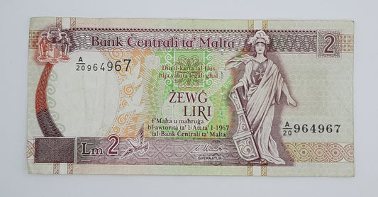 1994 Bank Centrali ta' Malta - 2 Maltese Pounds / Lira Banknote P-45d Serial No. A20 964967