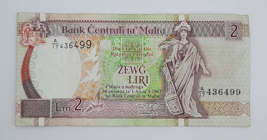 1994 Bank Centrali ta' Malta - 2 Maltese Pounds / Lira Banknote P-45c Serial No. A17 436499
