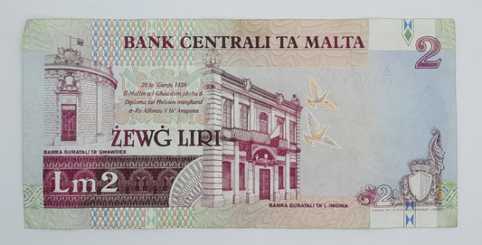 1994 Bank Centrali ta' Malta - 2 Maltese Pounds / Lira Banknote P-45c Serial No. A17 436499