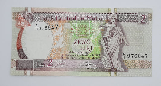 1989 Bank Centrali ta' Malta - 2 Maltese Pounds / Lira Banknote P-41a Serial No. A11 976647