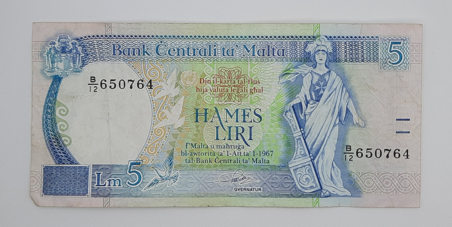 1989 Bank Centrali ta' Malta - 5 Maltese Pounds / Lira Banknote P-42a Serial No. B12 650764