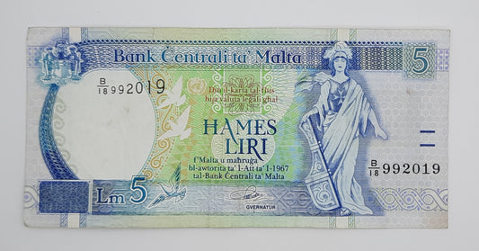 1994 Bank Centrali ta' Malta - 5 Maltese Pounds / Lira Banknote P-46a Serial No. B18 992019