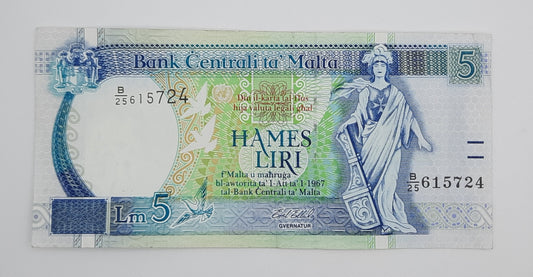1994 Bank Centrali ta' Malta - 5 Maltese Pounds / Lira Banknote P-46c Serial No. B25 615724