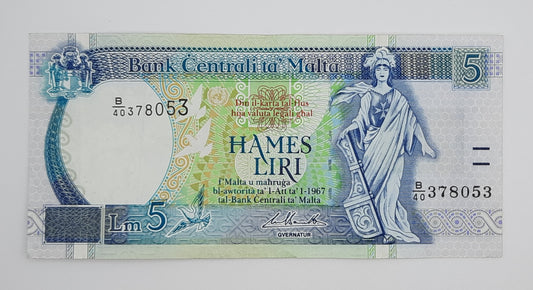 1994 Bank Centrali ta' Malta - 5 Maltese Pounds / Lira Banknote P-46d Serial No. B40 378053
