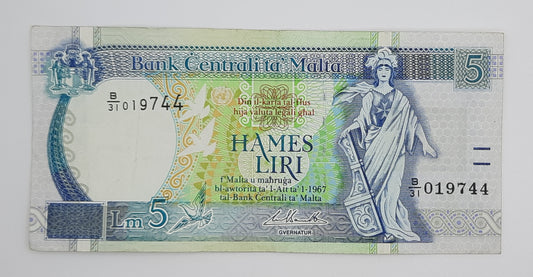 1994 Bank Centrali ta' Malta - 5 Maltese Pounds / Lira Banknote P-46d Serial No. B31 019744