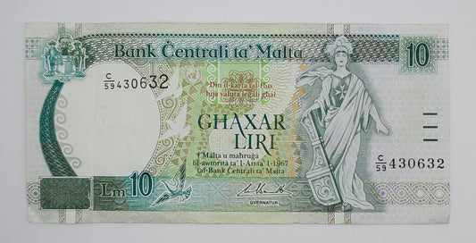 1994 Bank Centrali ta' Malta - 10 Maltese Pounds / Lira Banknote P-47c Serial No. C59 430632