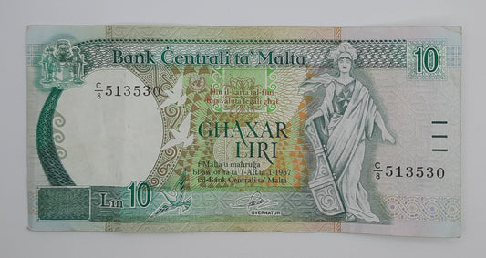 1989 Bank Centrali ta' Malta - 10 Maltese Pounds / Lira Banknote P-43a Serial No. C8 513530