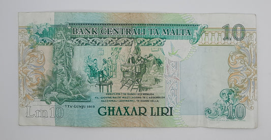 1989 Bank Centrali ta' Malta - 10 Maltese Pounds / Lira Banknote P-43a Serial No. C8 513530