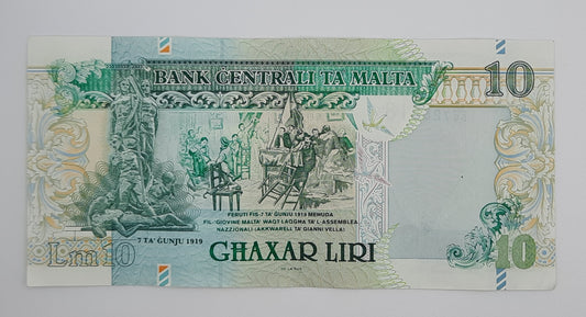 1994 Bank Centrali ta' Malta - 10 Maltese Pounds / Lira Banknote P-47c Serial No. C56 725618