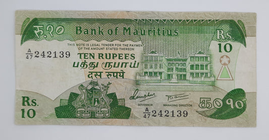 1985 Bank of Mauritius - 10 (Ten) Rupees Banknote Serial No. A47 242139