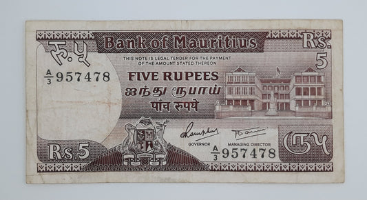 1985 Bank of Mauritius - 5 (Five) Rupees Banknote P-34 Serial No. A3 957478
