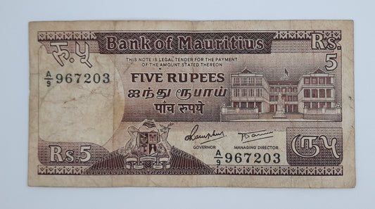 1985 Bank of Mauritius - 5 (Five) Rupees Banknote P-34 Serial No. A9 967203