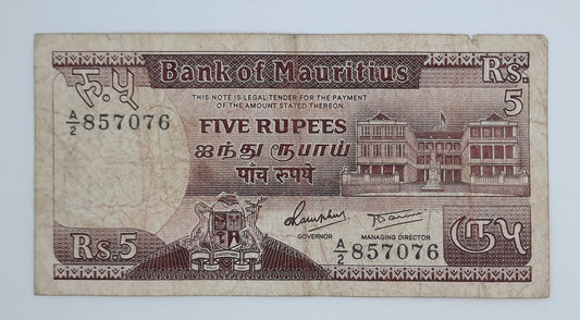 1985 Bank of Mauritius - 5 (Five) Rupees Banknote P-34 Serial No. A2 857076