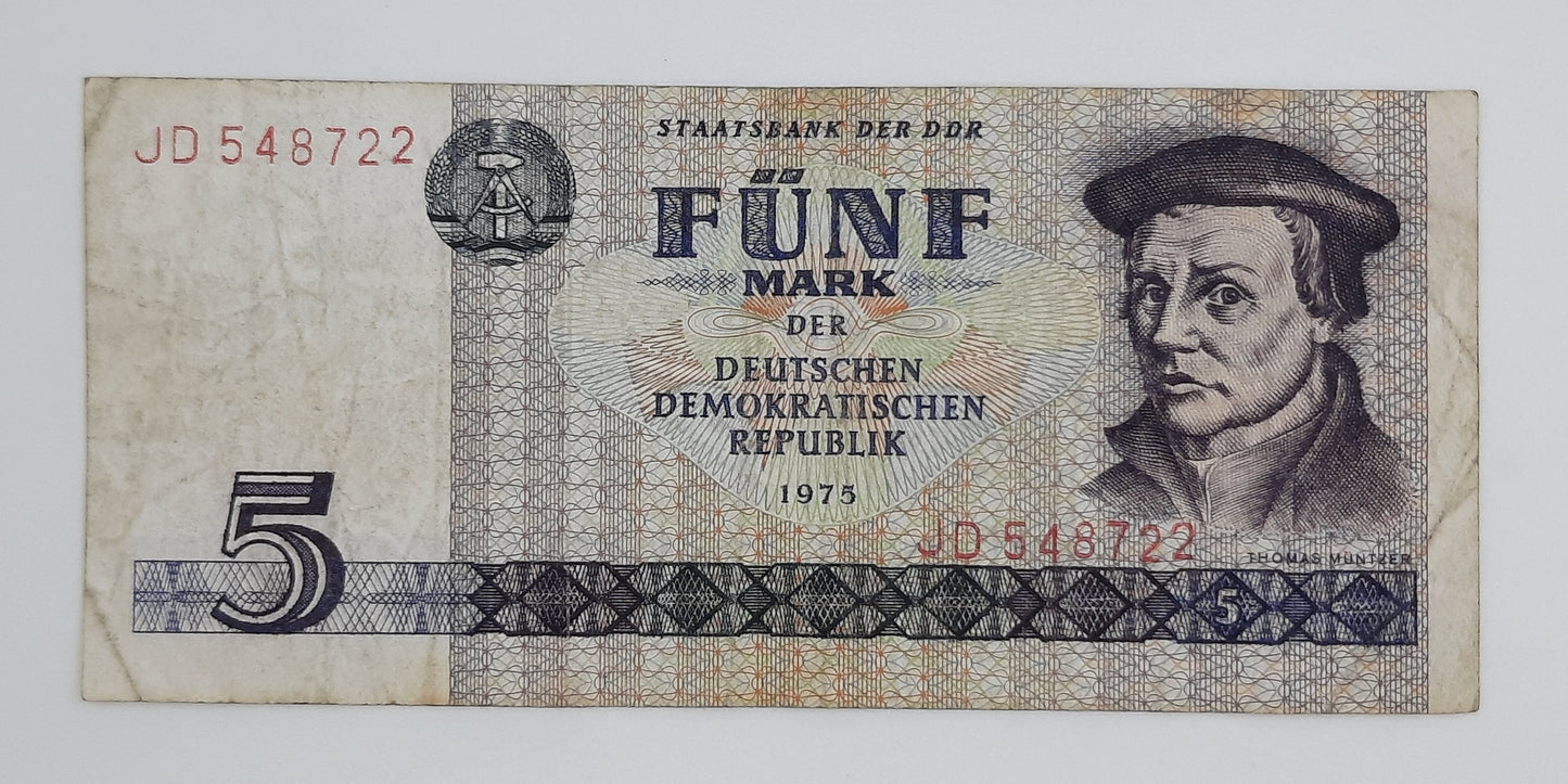 1975 East Germany GDR, Deutsche Notenbank der DDR -  5 Ostmark German Mark Banknote P-24f Serial No. JD 548722