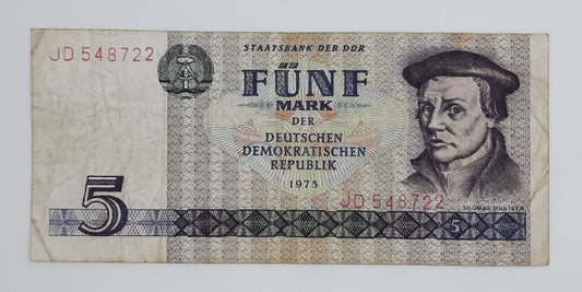 1975 East Germany GDR, Deutsche Notenbank der DDR -  5 Ostmark German Mark Banknote P-24f Serial No. JD 548722