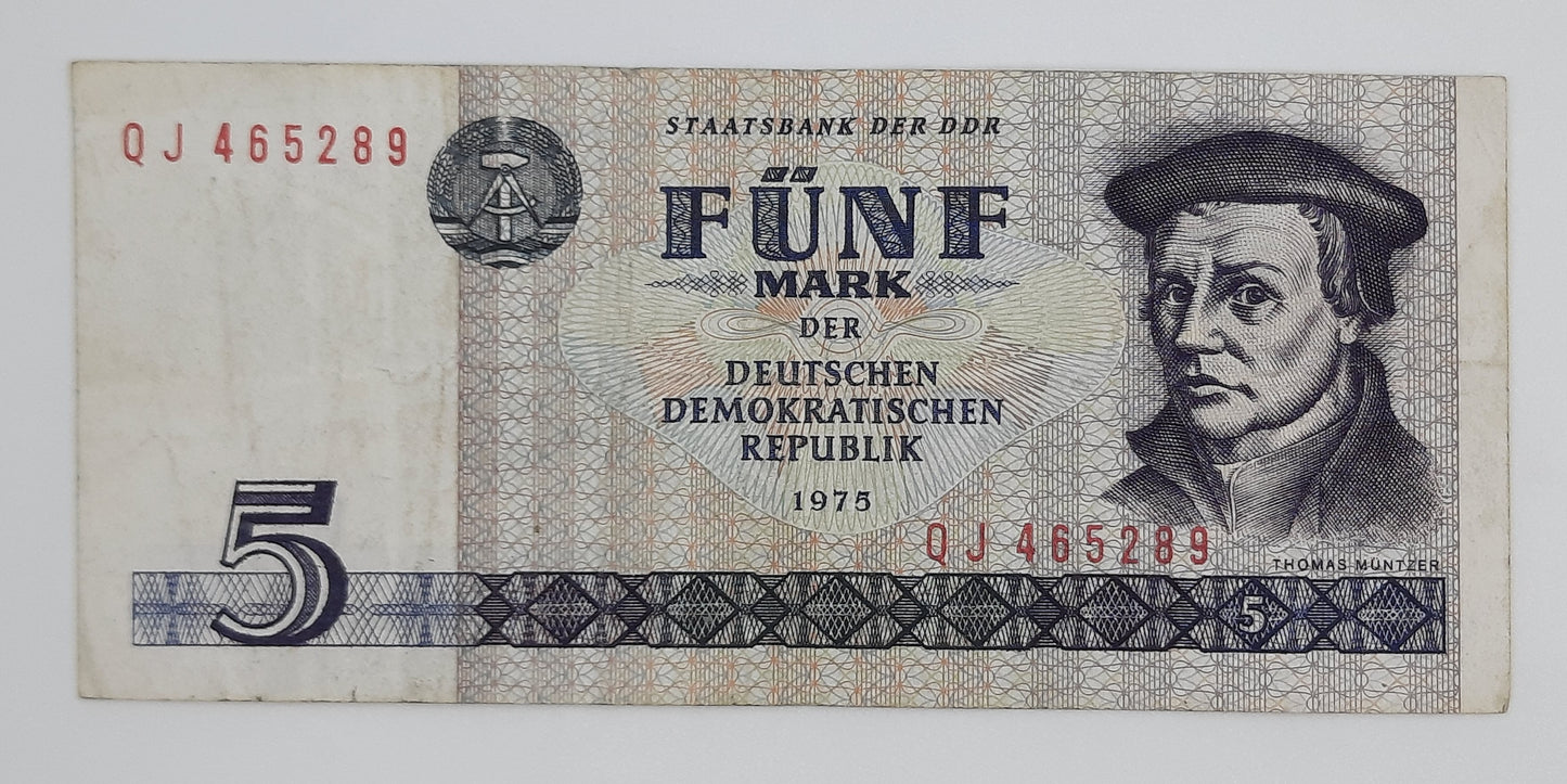 1975 East Germany GDR, Deutsche Notenbank der DDR -  5 Ostmark German Mark Banknote P-24f Serial No. QJ 465289