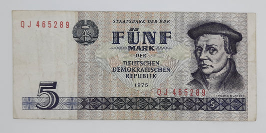 1975 East Germany GDR, Deutsche Notenbank der DDR -  5 Ostmark German Mark Banknote P-24f Serial No. QJ 465289