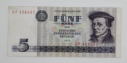 1975 East Germany GDR, Deutsche Notenbank der DDR -  5 Ostmark German Mark Banknote P-24f Serial No. UF 438347