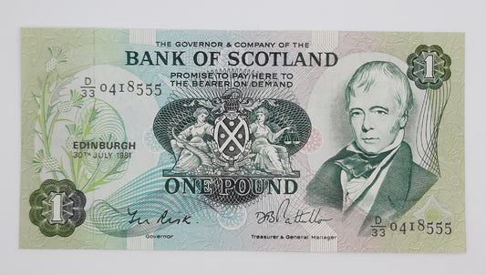 1981 The Bank of Scotland UK - £1 (One) Scottish Pound Banknote Serial No. D33 0418555 P-111