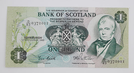 1985 The Bank of Scotland UK - £1 (One) Scottish Pound Banknote Serial No. D83 0371011 P-111