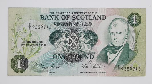 1986 The Bank of Scotland UK - £1 (One) Scottish Pound Banknote Serial No. E1 0356713 P-111