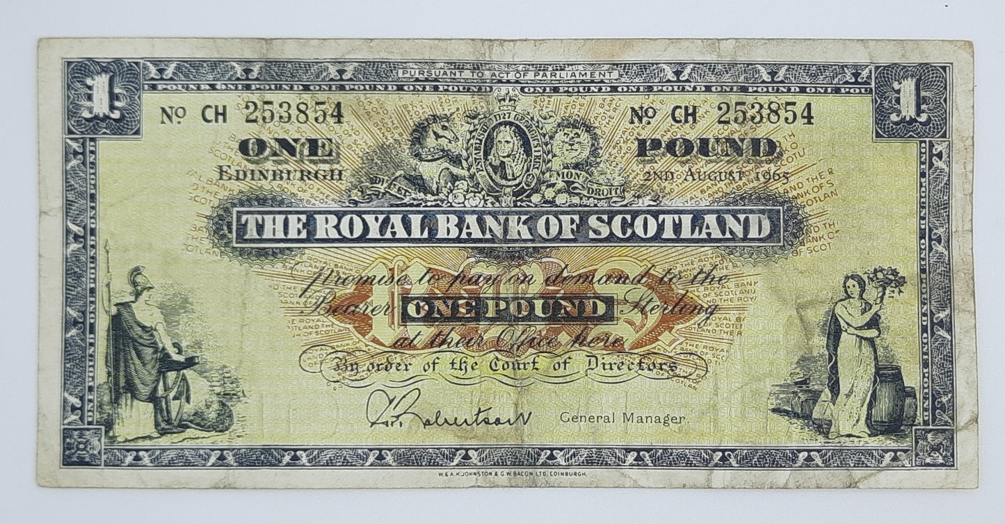 1965 The Royal Bank of Scotland UK - £1 (One) Scottish Pound Banknote P-325 Serial No. CH 253854