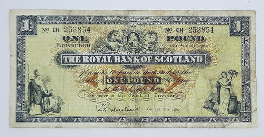 1965 The Royal Bank of Scotland UK - £1 (One) Scottish Pound Banknote P-325 Serial No. CH 253854