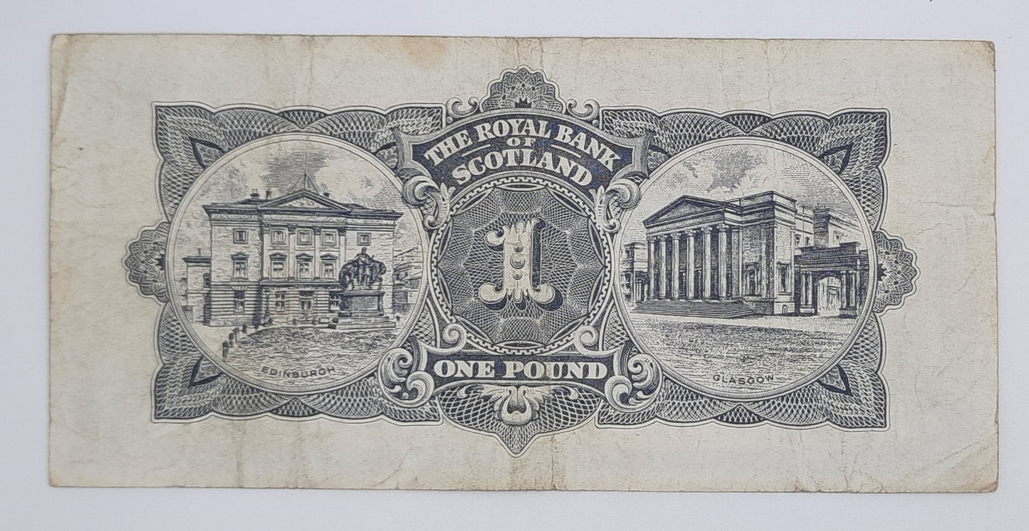 1965 The Royal Bank of Scotland UK - £1 (One) Scottish Pound Banknote P-325 Serial No. CH 253854