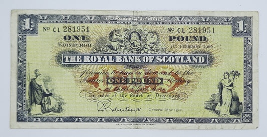 1966 The Royal Bank of Scotland UK - £1 (One) Scottish Pound Banknote P-325 Serial No. CL 281951